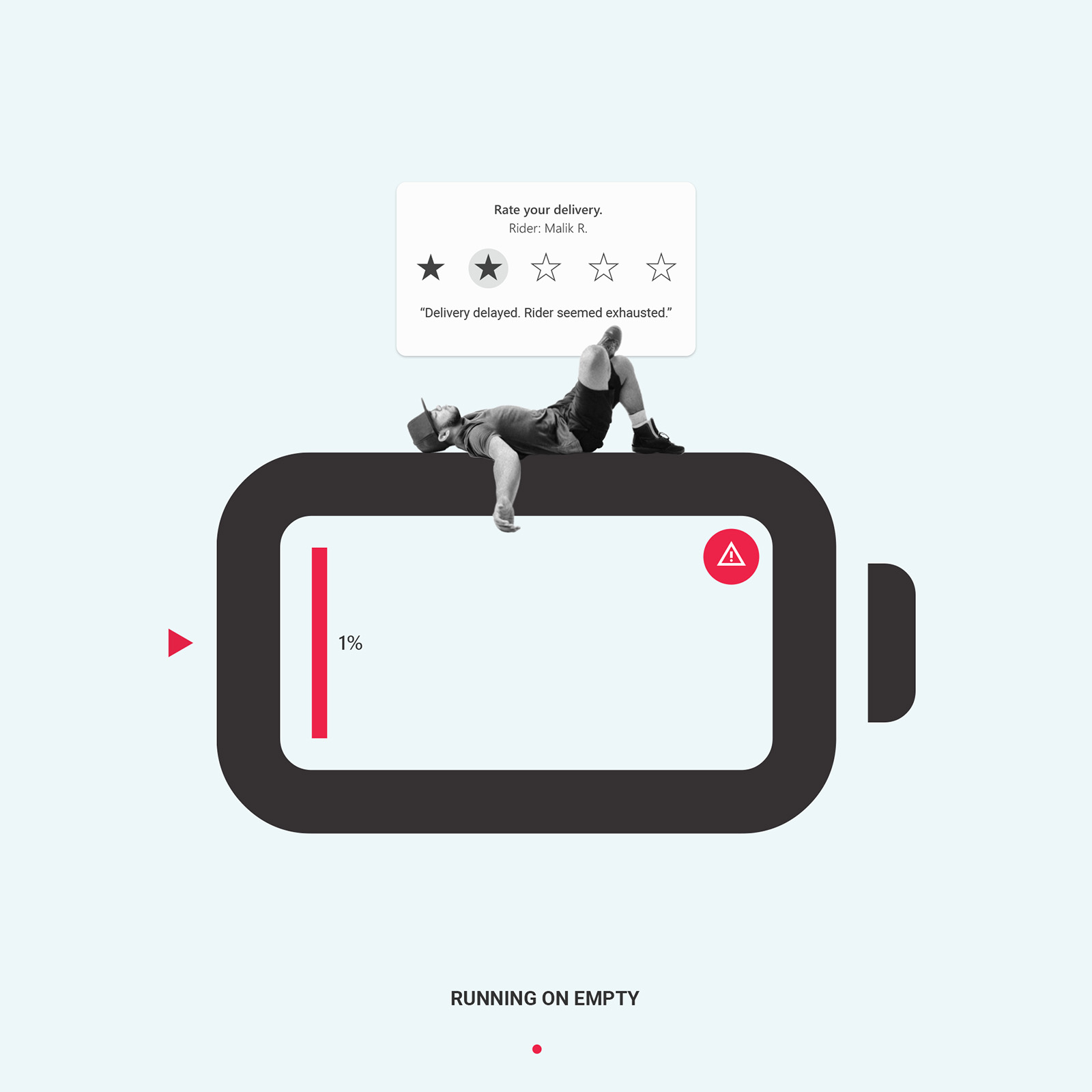 Running on Empty, a gig-economy editorial collage by James Dowland showing an exhausted delivery rider lying on a battery at one percent charge.