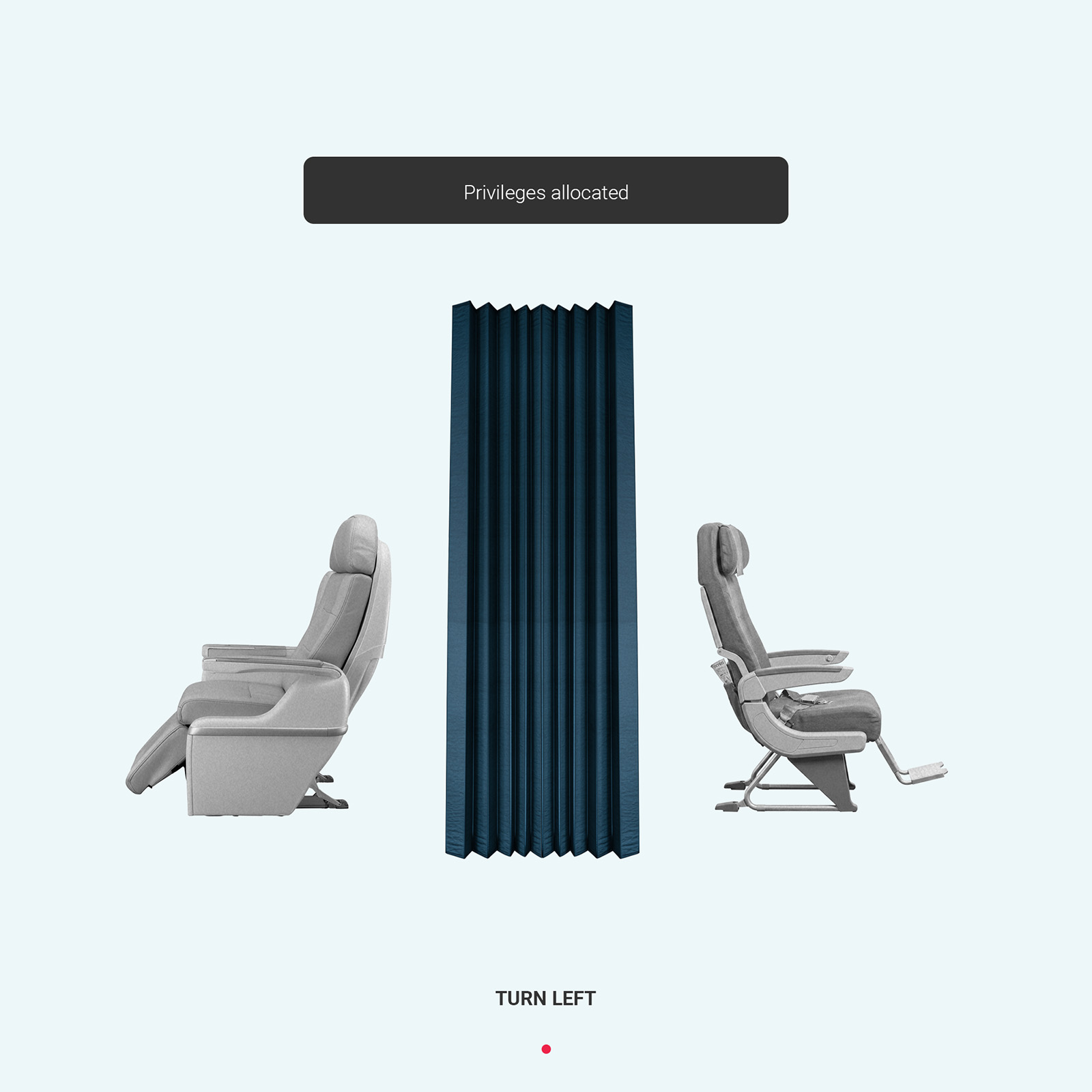 Turn Left, an editorial collage by James Dowland showing two airline seats of different classes divided by a dark curtain beneath a Privileges allocated system message.